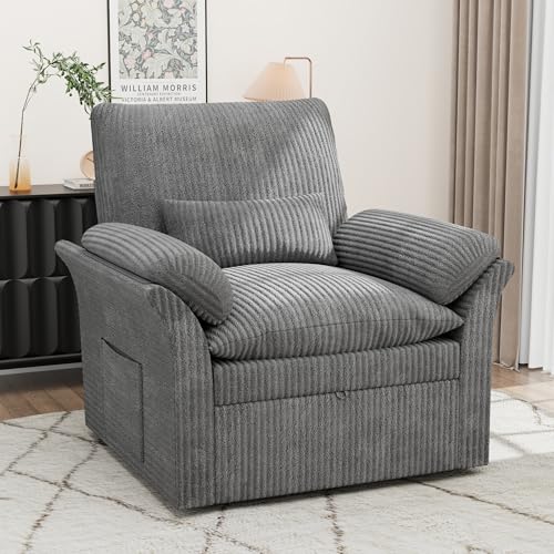 Squireewo 360° Swivel Accent Chair, 38" Oversized Livingroom Armchair with Hidden Storage Place, Adjustable Back & Arm Pillows, Fabric Sofa Swivel Chair with Cozy Soft Padded, Grey