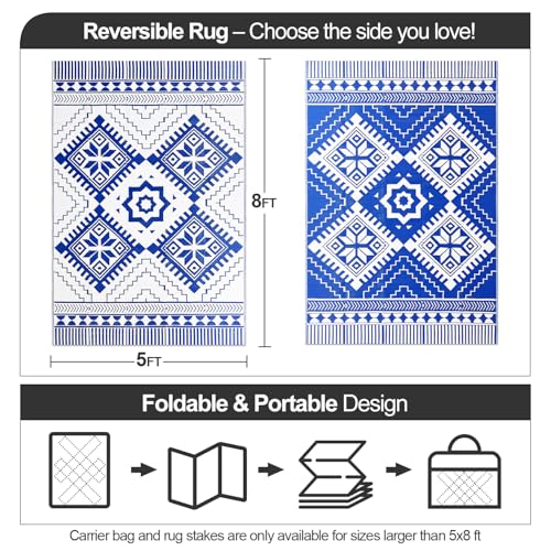 Waterproof Outdoor Rug 5x8ft, Boho Reversible Plastic Straw Mat for Patio RV Deck Porch Backyard Balcony Camping Picnic Beach Indoor Outdoor Carpet, Blue&White - Image 3