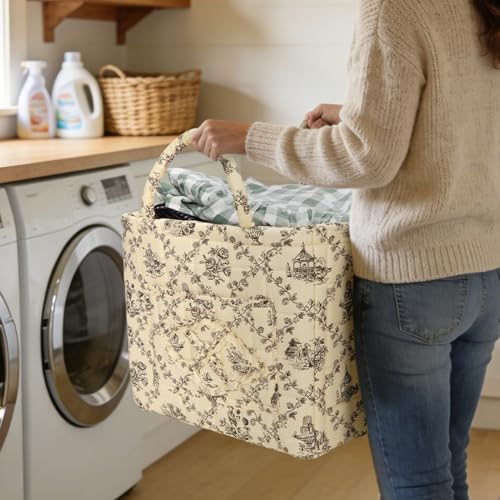 Image of Quilted Fabric Basket Foldable Car Storage Boho Floral Laundry Basket Hamper for Nursery Bedroom & Living Room | Organize Clothes Toys
