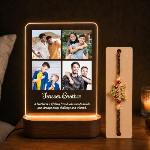 Image of Giftplease Personalized Photo Printed Acrylic LED Lamp Rakhi Combo for Brother | Custom Night Light Table Frame with Designer Rakhi, Roli Chawal & Greeting Card | Best Rakshabandhan Gift for Bhaiya