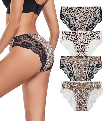 Anliqi Womens Bikini Underwear Leopard Print Lace Panties Ladies Sex Briefs Silky Hipster Animal Cheetah Print Undies 4-Pack Gifts cover