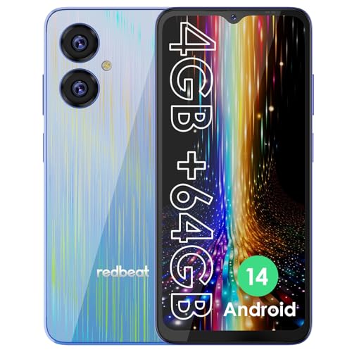redbeat Teléfono Inteligente Android Desbloqueado, Pantalla HD de 6,52 Pulgadas | 4 GB de RAM, 64 GB ampliables | Cámara de 13 MP + 5 MP | Batería de 5000 mAh | Doble SIM 4G | Androide 14 | Negro
