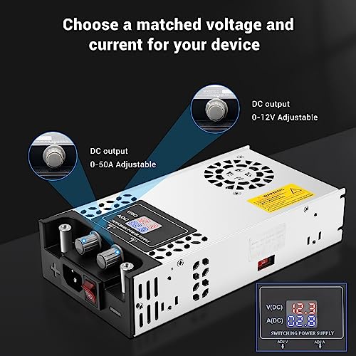 Yaheeda Adjustable Power Supply with LED Display - AC110V/220V to DC 0-12V Converter 600W 50A Power Supply