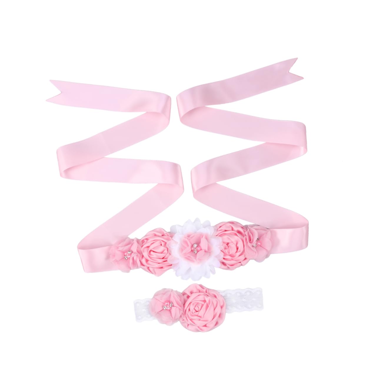 GALPADA 2pcs Girl Sash Belt Headband Set Satin Pearl Rhinestone for Wedding Dress