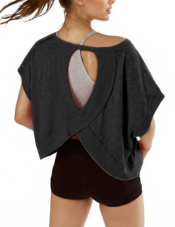denking Women Open Back Workout Tops 100% Cotton Short Sleeve Tops Casual Yoga Athletic Gym Running Crop Cute Oversize Tees(Black XS)