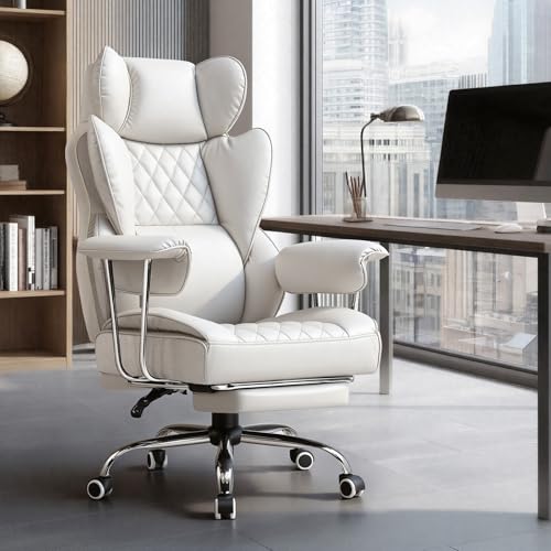 Image of GTPLAYER Gaming Chair,Office Chair with Pocket Spring Lumbar Support, Ergonomic Comfortable Wide Office Desk Computer Chair with Outward Fixed Soft Armrests and Footrest,(PU Leather, White)