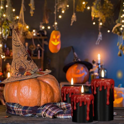 Image of Wondise Halloween Flameless Candles with 6H Timer, Battery Operated Dripping Real Wax Black LED Pillar Candles 3D Wick Flickering Spooky Halloween Indoor Decoration (3 Pack, 3 x 4,5,6 Inches)