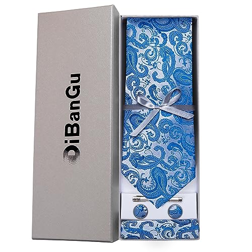 Image of DiBanGu Paisley Ties for Men Silk Necktie and Pocket Square Cufflinks Tie Clip Set Woven Classic Mens Tie for Wedding Party