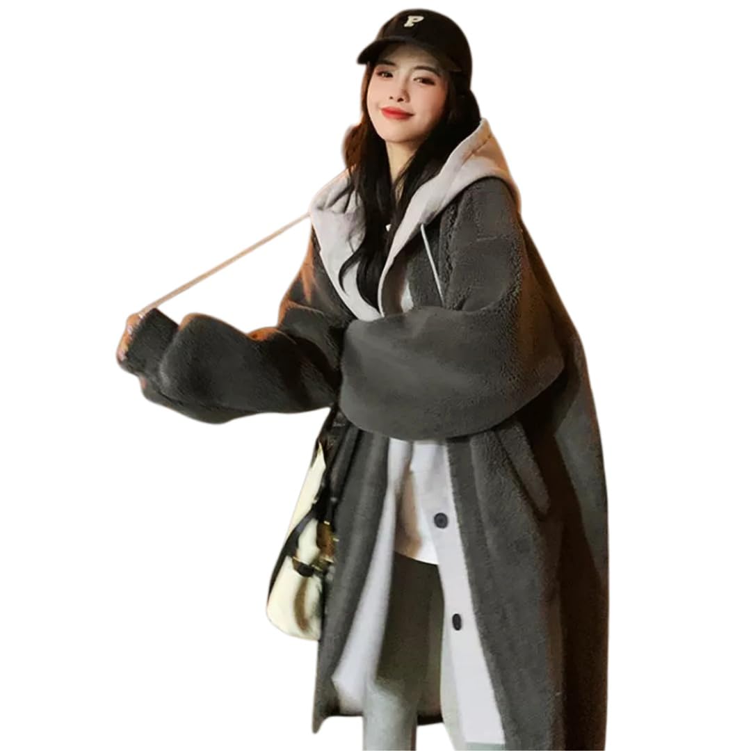 [DENAIOU] レイヤードボアコート ロングボアコート フェイクレイヤードのラムズウール製フード付き ジャケット レディース ロングボアコート 秋冬 防風 耐摩耗性 あったか 快適さと通気性 重ね着風 フリースジャケット