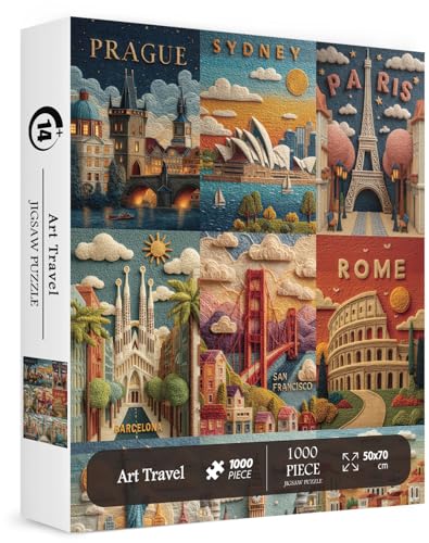 Puzzles de monumentos mundiales para adultos de 1000 piezas. Rompecabezas en estilo fieltro de paisaje. Rompecabezas de arte con vistas desafiantes de Nueva York, Londres y París miniatura 1