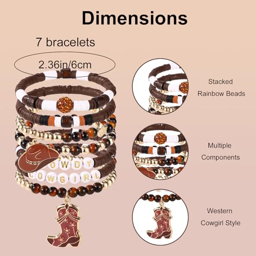 7pcs Cowgirl Beaded Bracelets, Stackable Western Country Beaded Stretch Bracelets with Cowgirl Hat and Boots Charms Y2K Style Boho Summer Beach Jewelry Accessories for Women2