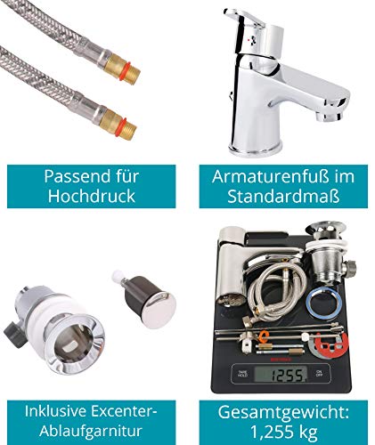 Calmwaters® Wasserhahn Bad - 56 mm Auslaufhöhe - leichte Reinigung - robuster Messingkern - mit Excentergarnitur und 35 cm Anschlussschläuche - Hochdruck Waschtischarmatur Bad - Image 5