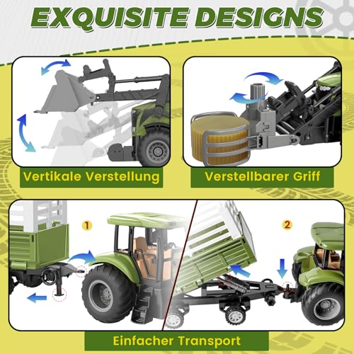 JONRRYIN Ferngesteuerter Traktor, 16 Stück Traktor mit Anhänger, 2.4 GHz Fernbedienung & App 2X Wiederaufladbare Batterien, 3X Fahrzeugfront, Kuh, Heuhaufen Bauernhof Spielzeug ab 4 5 6 7 8 9 Jahre