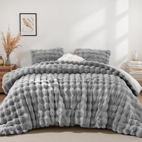 YIKUSH Gray Comforter Set King, Faux Fur, Cozy Bedding