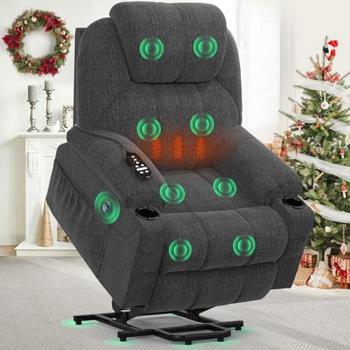 YONISEE Fernsehsessel Elektrisch Verstellbar, Aufstehhilfe Massagesessel mit Massage Wärmefunktion Seniorensessel, Relaxliege mit Fußteil, 2 Seitentaschen und Getränkehalter,USB-Anschlüsse, Grau