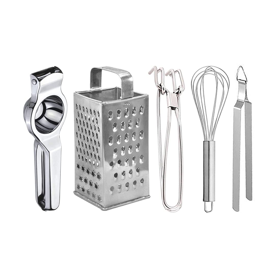Oc9 Stainless Steel Lemon Squeezer & 8 in 1 Grater/Slicer & Pakkad & Egg Whisk & Roti Chimta for Kitchen Tool Set