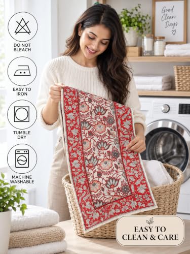 Image of Ravaiyaa - Attitude is Everything Hand Block Printed Cotton Table Runner | Floral Printed Table Runner for Home Decor, Kitchen | 60 x 16 Inch-(Grey Red Floral)