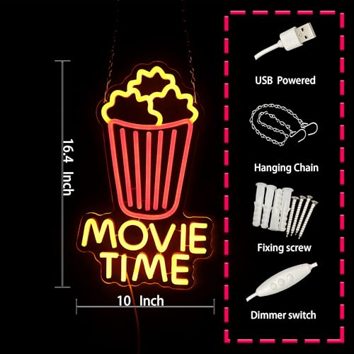Image of Movie Time Neon Sign LED Light Sign for Movie Room Bedroom Wall Decor | Cinema Theme Wall Decor with USB Powered LED Lighting for Bedroom, Movie Room and Entertainment Space