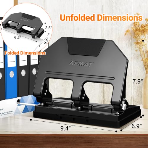 Image of AFMAT 3 Hole Punch Heavy Duty, 9 /32 inch Hole Diameter, 50-Sheet 3 Hole Puncher for Binder, 50% Reduced Effort, Metal Three Hole Punch w / 10,000+ Uses, Bulit-in S.S. Paper Guide, Large Chip Tray, HPX5