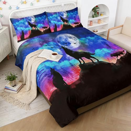 Galaxy Wolf Double Duvet Bedding Set with 2 Pillowcases - Blue Wolf Print - 3 Piece Kids Bedspread Set