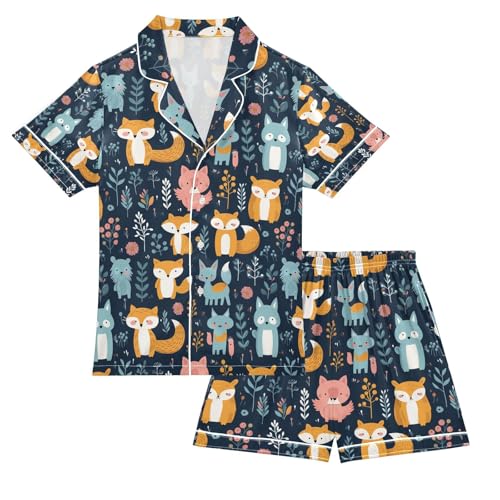 senya Cute Fox on Forest Satin Summer Pajama Sets Silk Short Sleeve Button Down Sleepwear
