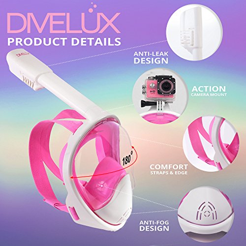 DIVELUX Snorkel Mask - Original Full Face Snorkeling and Diving Mask with 180° Panoramic Viewing - Longer Ventilation Pipe, Watertight, Anti Fog & Anti Leak Technology, (Pink, S/M) - Thumbnail 4