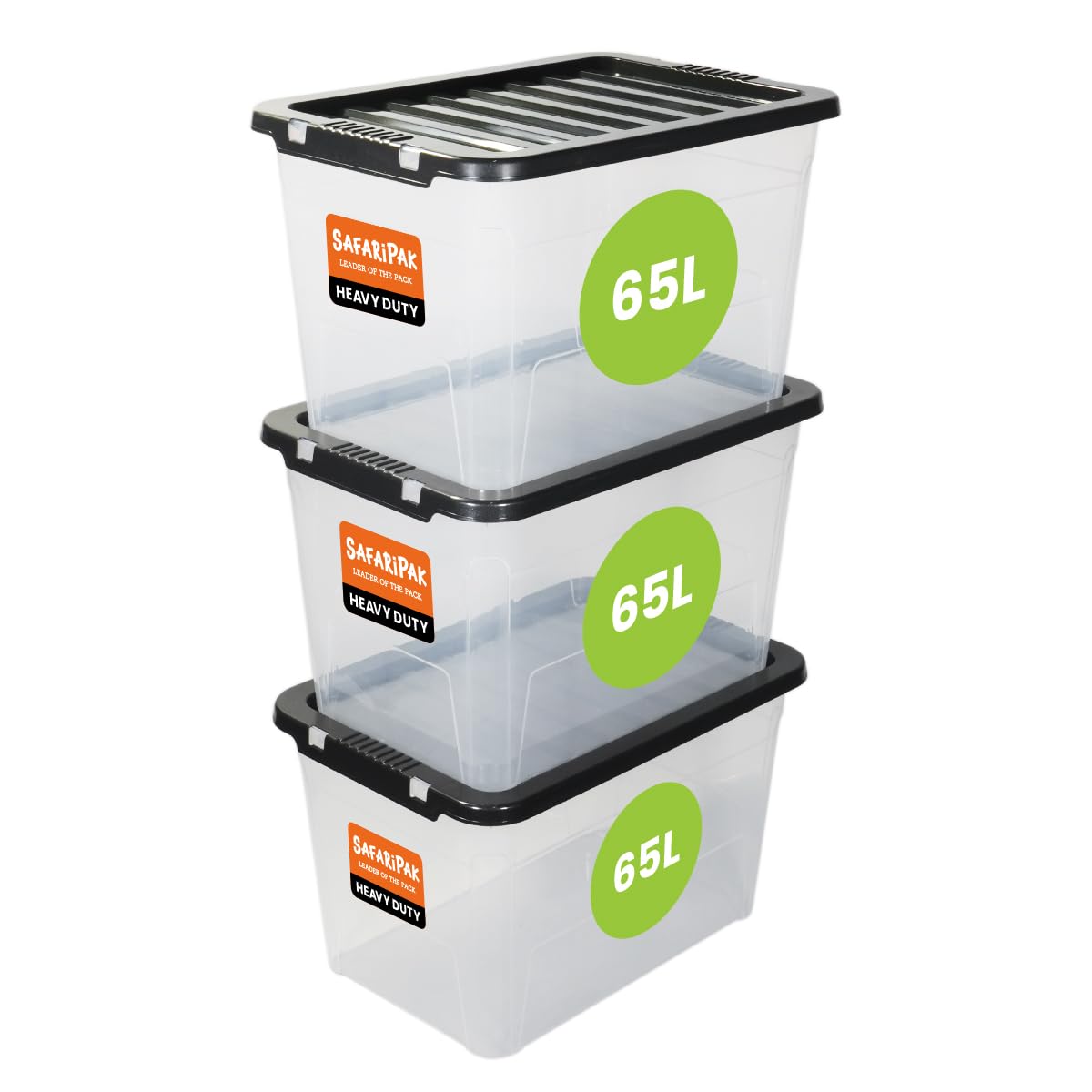 SAFARIPAK 3 x 65 Litre Stackable Clear Plastic Storage Boxes with Lids, Clip-Lock Lid, Sturdy Space Saving Nestable Box, Lidded Containers for Home, Kitchen, Moving, Garage, Office & Organisation