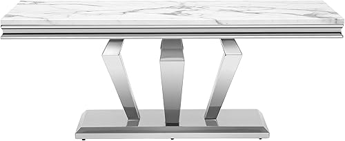 Miniatura 8 de SSLine Mesa de Centro Rectangular de Mármol Sintético para Sala de Estar, Mesa Central Moderna de Mármol Blanco de Lujo con Base de Diamante Mesa de