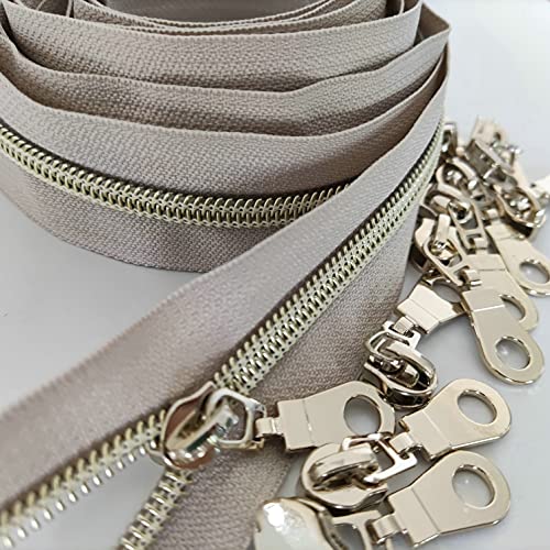 Image of Leekayer #5 Light Gold Teeth Metallic Nylon Coil Zippers by The Yard Bulk 10 Yards Beige Tape with 25pcs Gold Sliders for DIY Sewing Tailor Craft Bag(Beige)