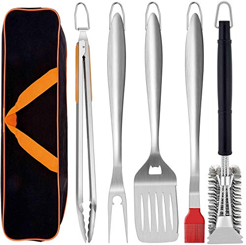 18" Extra long Grill Tools Set of 6, Leonyo BBQ Tool Set, Heavy-duty Barbecue Grilling Accessories, Stainless Steel Spatula, Fork, Tong, Basting Brush, Cleaning Brush & Carrying Bag, Wood Color Handle by Leonyo - Used condition - US$17.14