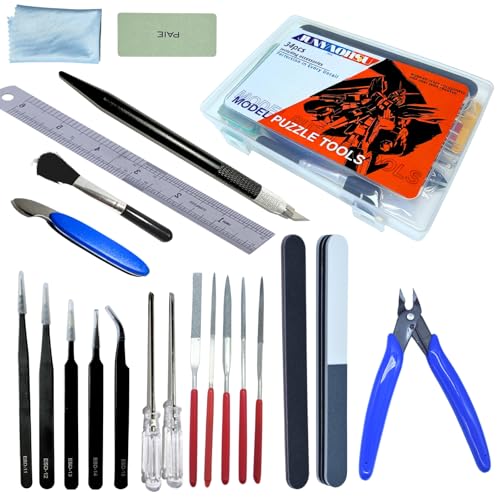 JUNYAOHSU Gundam Model Tools Kit, 34pcs Hobby Tool Set, Pliers, Separator, Files, Screwdriver, Tweezers, Polishing Strip, Graver, Blades for Buildings, Gundam, Robots Models Minature
