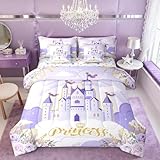 Manfei Girls Princess Comforter Set 7 Pieces Reversible,Cartoon Castle Purple Bed Set,Dreamy Fairy Tale Bedding Sets Twin (1 Comforter,2 Pillowcase,2 Pillow Covers,1 Flat Sheet,1 Fitted Sheet)