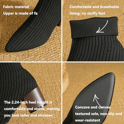 Women'S Knitted Thick Heel Socks Boots Fashionable Pointed Stacked Heel Non-Slip Breathable Pull On Work Party Business Formal Short Boots3