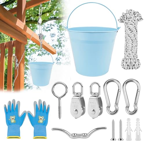 Jeinbuil Flaschenzug Kinder, Gartenspielzeug mit Metalleimer Spielturm Zubehör Spielhaus Outdoor Zubehör für Kinder ab 3 Jahren