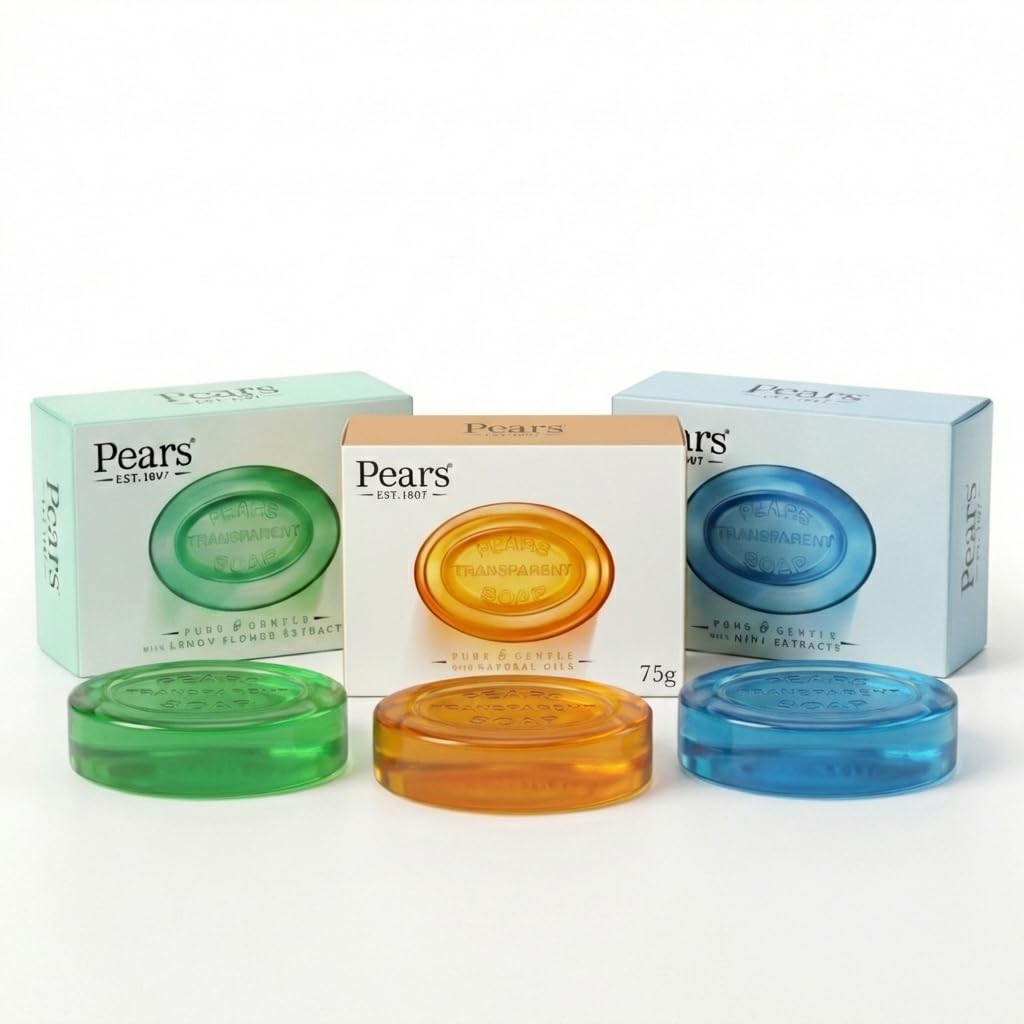 Pears Transparent Hand Soap Bar Set of 3 – Essential Oil (75g), Lemon Flower Extracts (125g), Mint Extracts (125g)