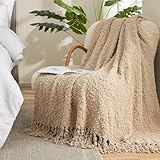 Amélie Home Textured Mulberry Throw Blanket Handmade with Tassels Chunky Soft Fluffy Knit Throw Blankets Woven Luxury Farmhouse Throws for Couch Sofa Bed (Beige, 60"x80")