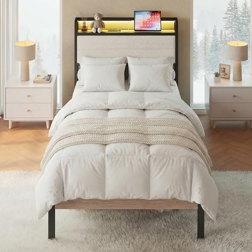 Image of LIKIMIO Twin XL Bed Frame with Storage Headboard and LED Lights, Metal Platform Bed with Charging Station, Noise Free, No Box Spring Needed, Under Bed Storage, Natural and Cream