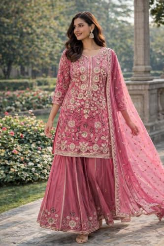 Image of Anveri Women's Pink Embroidered Kurta with Sharara and Dupatta Set | wedding | party | festival