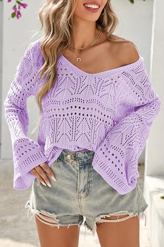 Image of Cakulo Womens Summer Crochet Tops Boho Off Shoulder Sweaters Lightweight V Neck Loose Vacation Resort Wear 2026