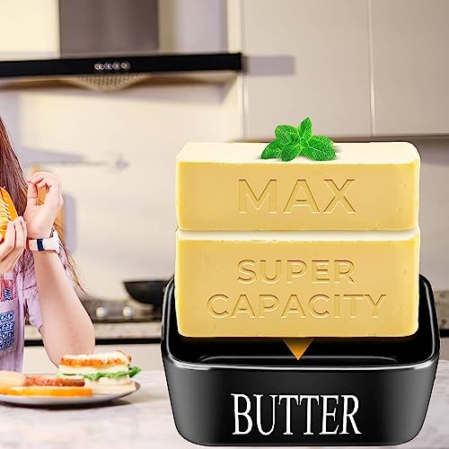 Image of Ceramic Butter Dish with Wooden Lid & Stainless Steel Knife, Airtight Butter Keeper for Counter or Fridge, Double Silicone