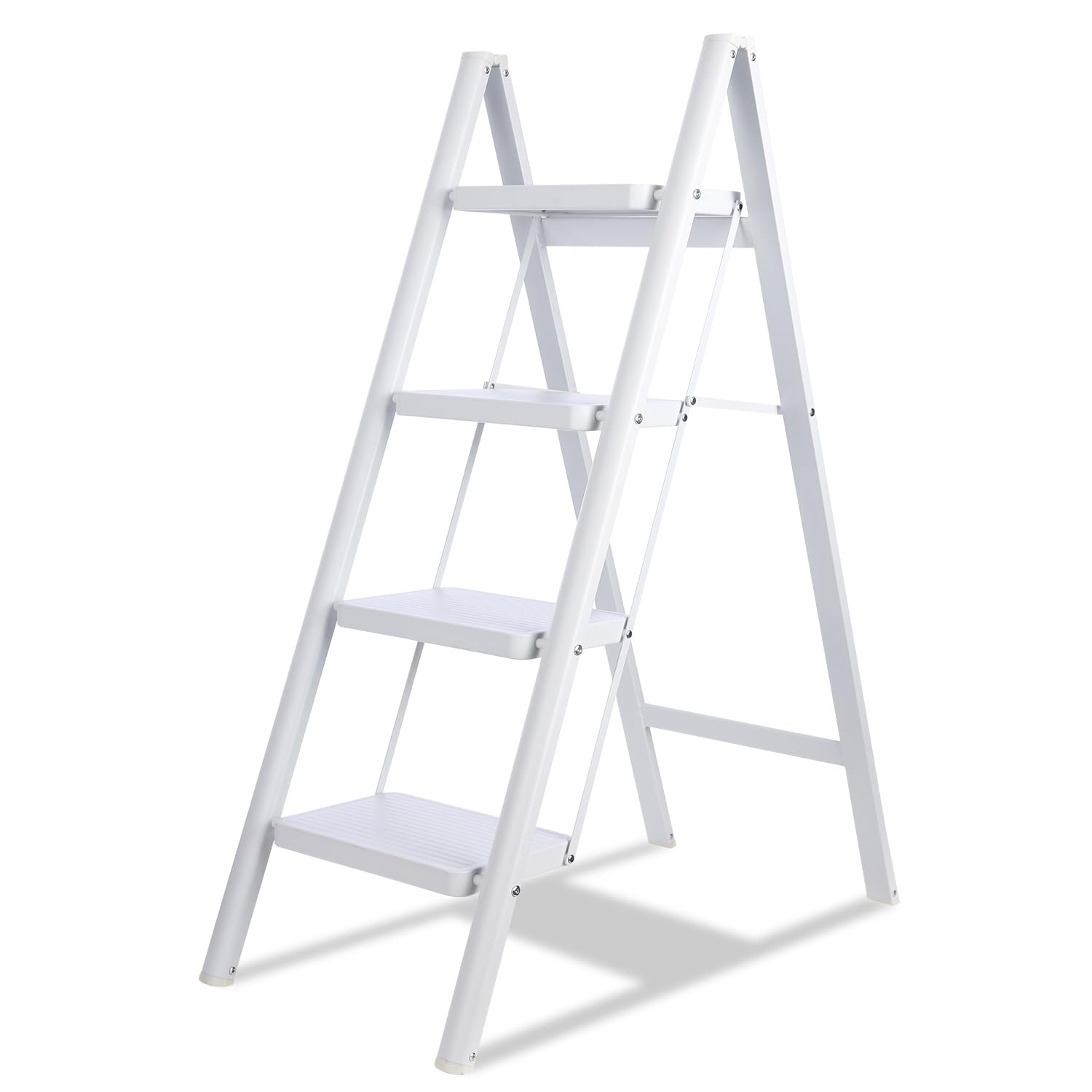 4 Step Ladder, Folding Step Stool for Adults with Wide Anti-Slip Pedal, Lightweight, Perfect for Kitchen& Household, Library Office,330lbs Capacity Sturdy Steel Ladder,White
