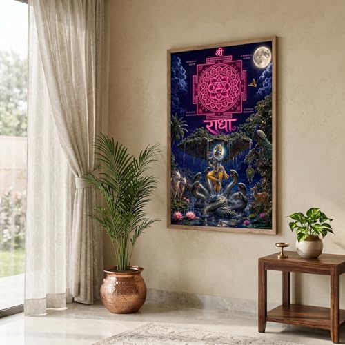 Image of Livin'luxe Radha Krishna Shree Yantra Wall Painting for Living Room Bedroom Pooja Room Decor with Premium Wooden Color Synthetic Frame, Spiritual Hindu Art Gift (13.5 x 19.5) NM01-4084