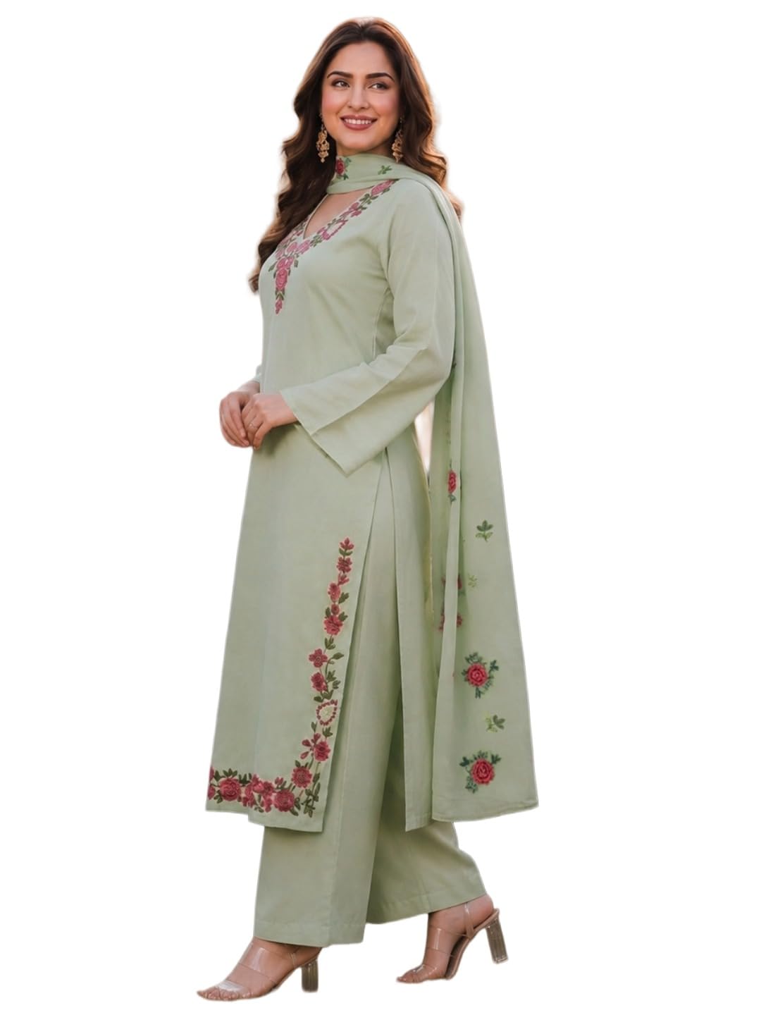 ANNI DESIGNER Women's Viscose Blend Straight Embroidered Kurta with Palazzo and Dupatta (MUKTA Pista_4XL_Pista_XXXX-Large)