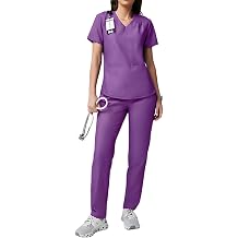 Scrub Sets for Women Quick Drying Solid Medical Scrubs Set V-Neck Scrub Tops & Cargo Pant Stretch Nursing Uniform