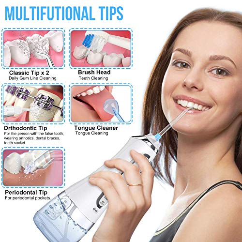 Water Flosser Cordless Oral Irrigator Portable Rechargeable Dental Flossers with 5 Modes & 6 Tips Water Flossing with 300ml Water Tank for Home and Travel, Braces & Bridges Care