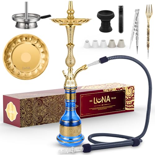 Luna Juego completo de cachimba tradicional Hookah, metal zinc, accesorios incluye cabeza de piedra, manguera de piel con boquilla, accesorio para chimenea, pinzas, tenedor, Azul