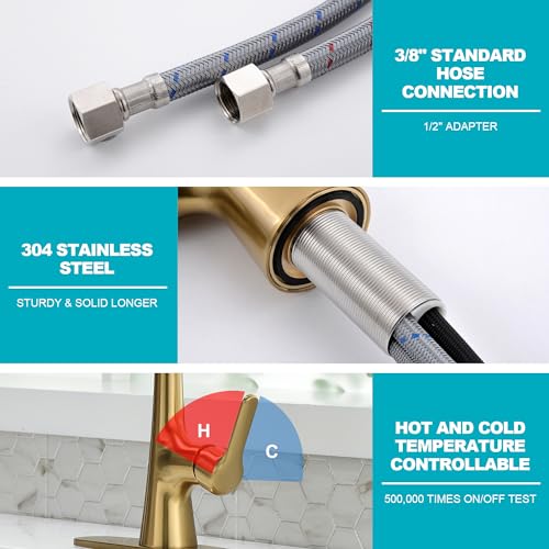 FROPO Brushed Gold Kitchen Faucet, Single Handle Gold Kitchen Sink Faucet with Pull Down Sprayer Modern Stainless Steel Brass Kitchen Faucet with Deck Plate Power Clean Spray Head 1 or 3 Hole - Thumbnail 6