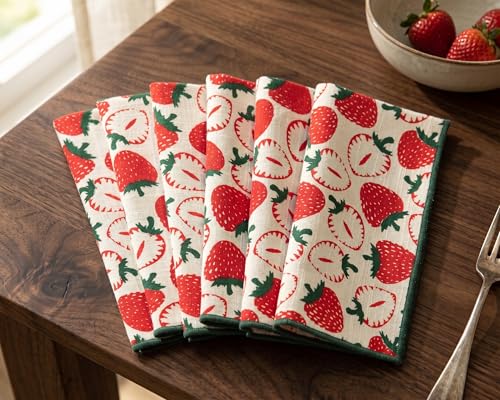 Image of R home Strawberry Print Cotton Napkins Set of 12 - 16x16 Inch (40x40 cm) | Soft Slub Cotton Dining & Cocktail Napkins | Reusable Machine Washable Cloth Napkins with Peko Borders