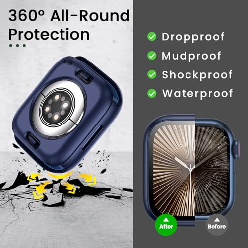 Image of 3 in 1 Goton Waterproof Hard Case for Apple Watch Screen Protector 46mm, 360 Slim Full Protective Tempered Glass Face Cover + Back Hard PC Bumper for iWatch Series 11 /10, 46mm Blue