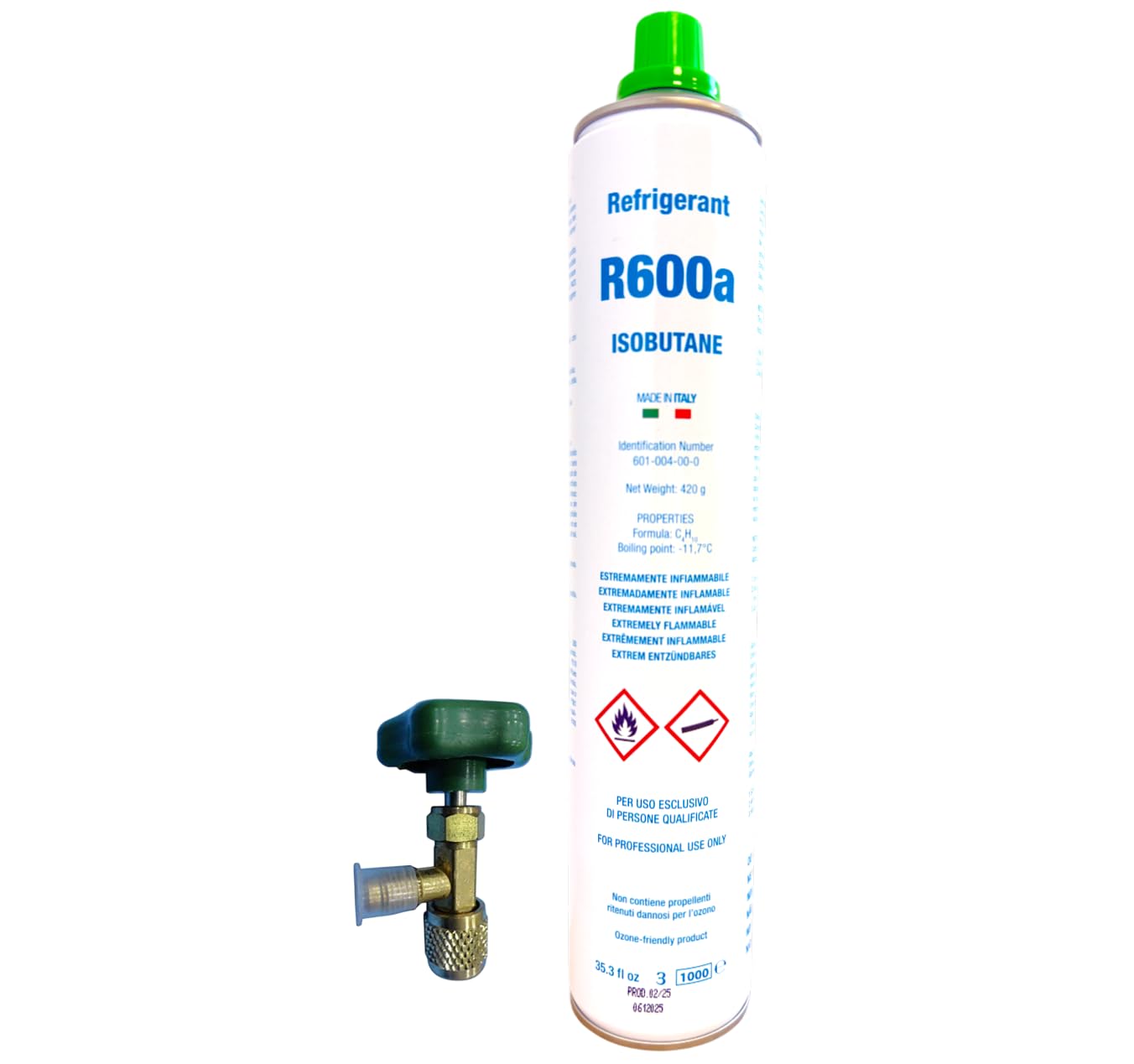 Kit Gas Refrigerante R600a Isobutano 420g Ecológico para Recarga Frigoríficos Congeladores con Válvula de Servicio